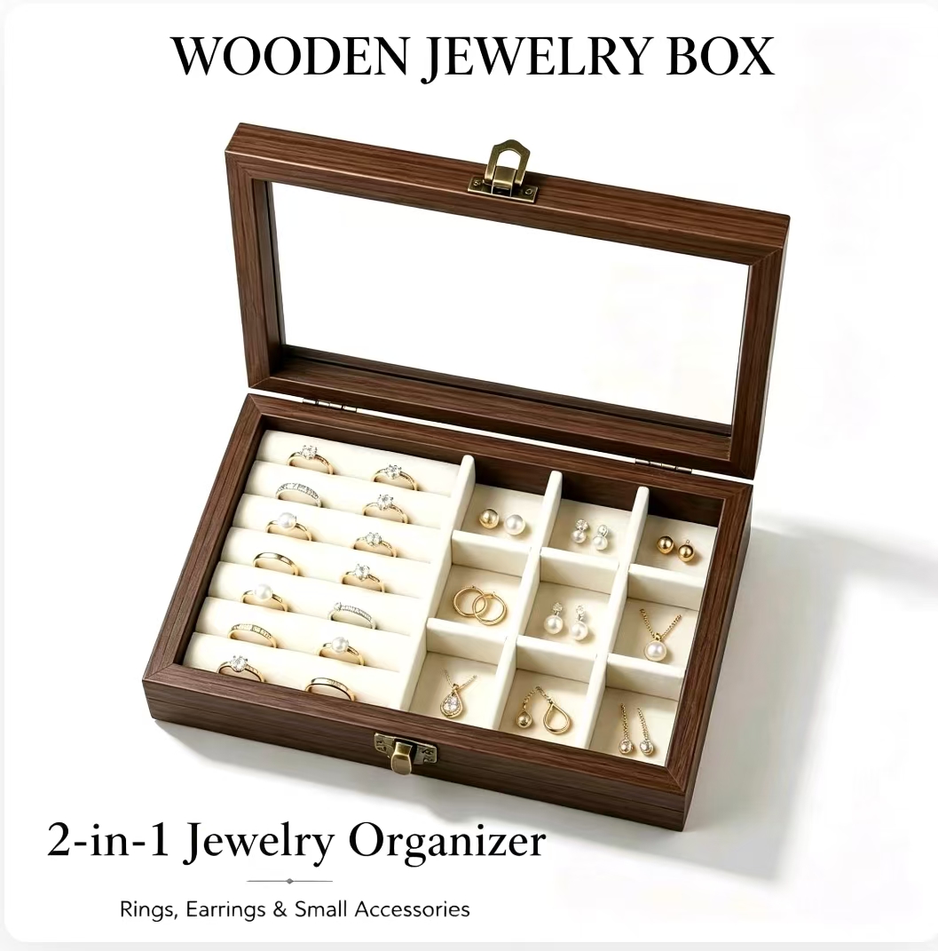 Token Tray Organizer - منظم مجوهرات مخملي بنمط خشب الجوز